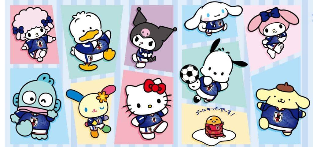 Karakter-karakter Sanrio mengenakan jersey tim nasional Jepang dalam ilustrasi kolaborasi untuk Piala Dunia 2026.
