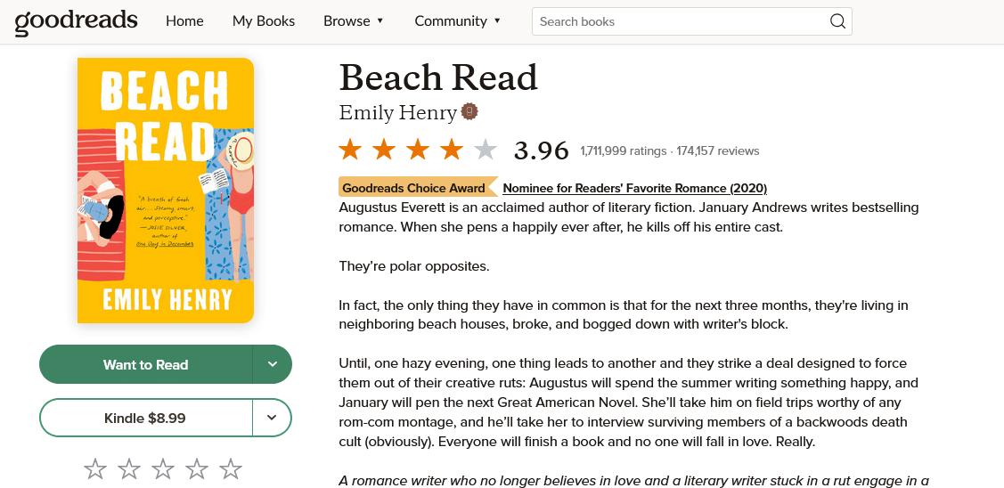 Review novel "Beach Read" (foto via tangkapan layar Goodreads)
