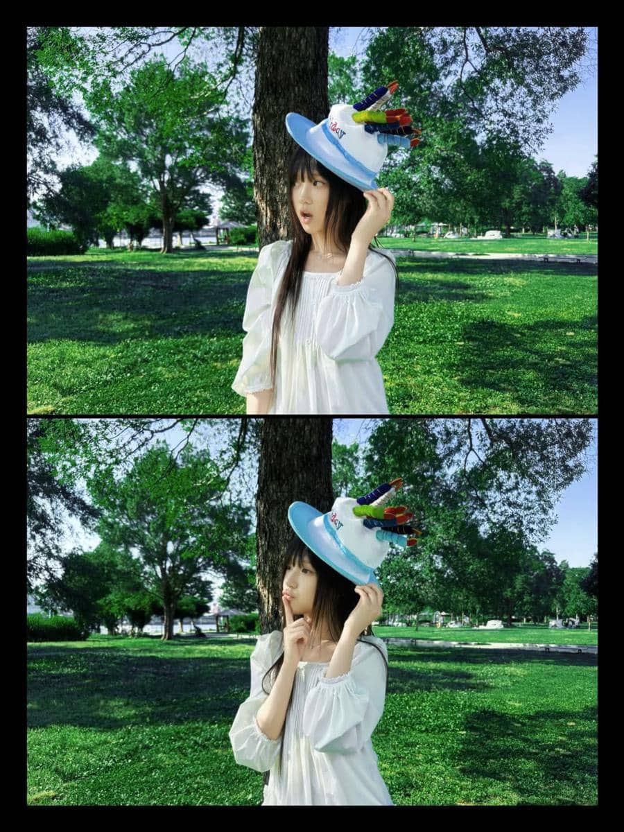 Seorang perempuan mengenakan topi ulang tahun berwarna biru putih dengan lilin hias, berdiri di taman hijau di bawah sinar matahari.
