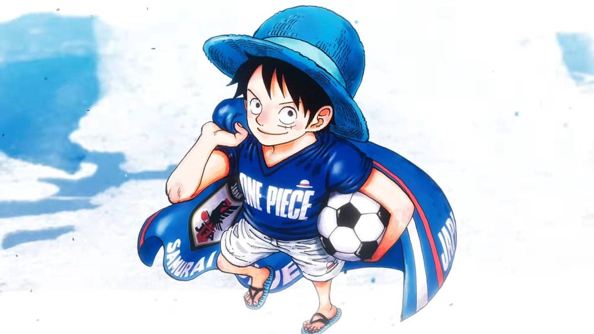 Karakter anime One Piece mengenakan jersey timnas Jepang sambil memegang bola sepak dalam kolaborasi Piala Dunia 2026.