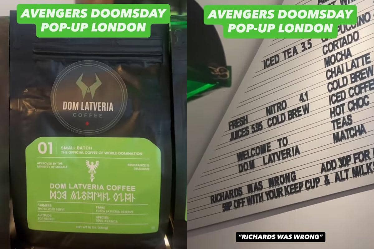 Kemasan kopi Dom Latveria dengan label hijau dan papan menu kafe bertema Avengers Doomsday Pop-Up di London.