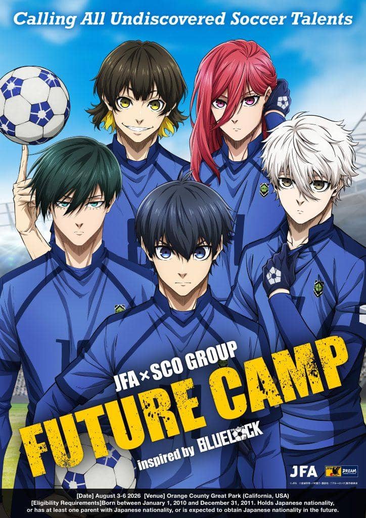 Ilustrasi karakter anime Blue Lock mengenakan seragam sepak bola biru dalam poster kolaborasi dengan timnas Jepang untuk Piala Dunia 2026.