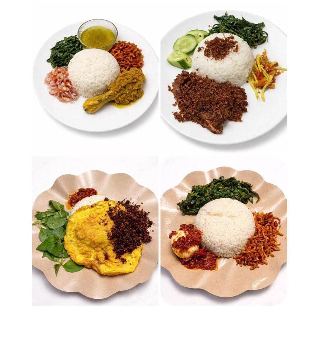 Empat piring menu nasi lengkap dengan lauk seperti ayam, telur dadar, sambal, dan sayur dari Warung Canggu disajikan di atas piring putih dan cokelat.