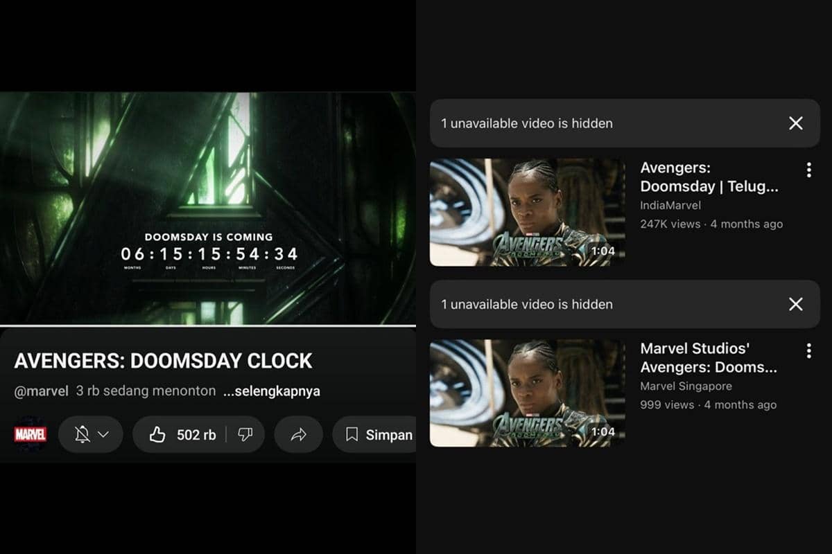 Tangkapan layar kanal YouTube Marvel menampilkan hitung mundur bertuliskan Doomsday is Coming dan daftar video Avengers: Doomsday.