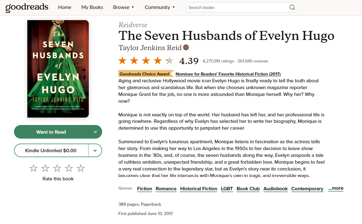 Review "The Seven Husbands of Evelyn Hugo" (foto via tangkapan layar Goodreads)