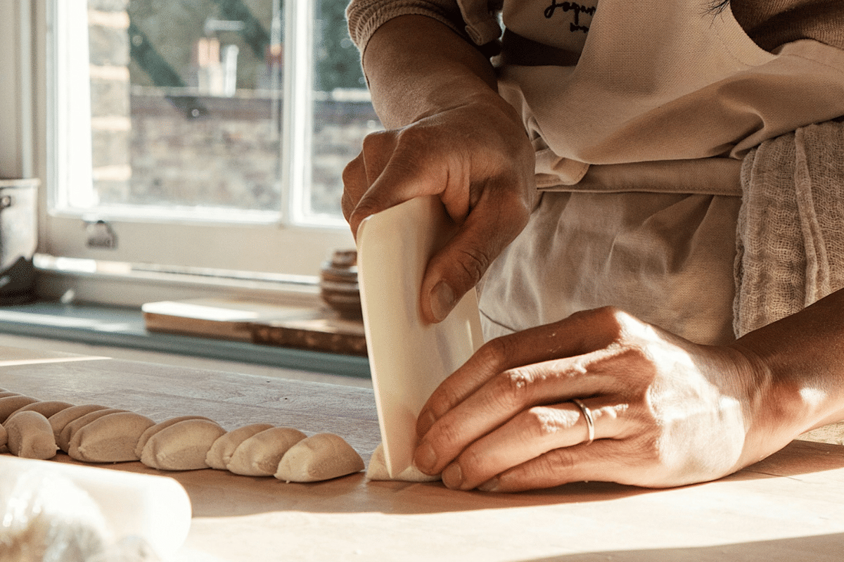 Seseorang mengenakan celemek sedang memotong adonan untuk membuat xiao long bao di atas meja dapur dengan cahaya alami.