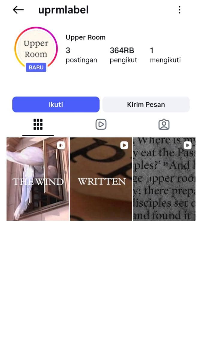 Tangkapan layar profil Instagram Upper Room dengan tiga postingan, 364 ribu pengikut, dan satu akun yang diikuti.