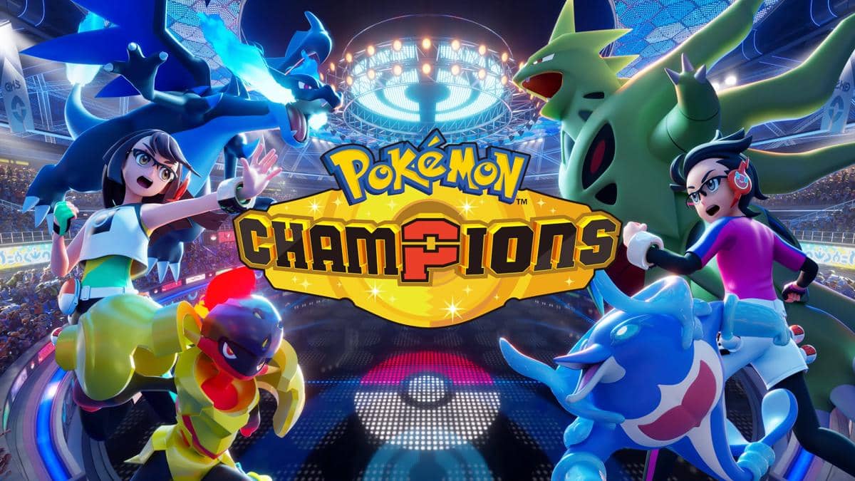 Ilustrasi dua pelatih Pokémon bertarung di arena dengan logo Pokémon Champions di tengah dan suasana stadion yang ramai.