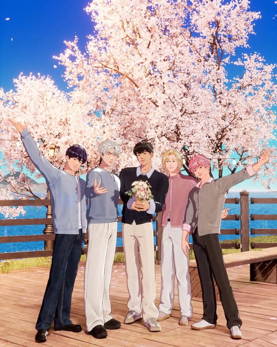 Lima karakter animasi pria berdiri di bawah pohon sakura bermekaran di tepi danau dengan langit biru cerah di latar belakang.