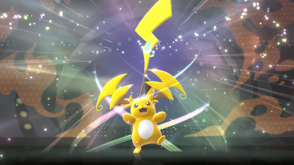 Raichu berwarna kuning dengan ekspresi gembira memancarkan energi listrik di tengah latar bercahaya penuh efek visual berkilau.