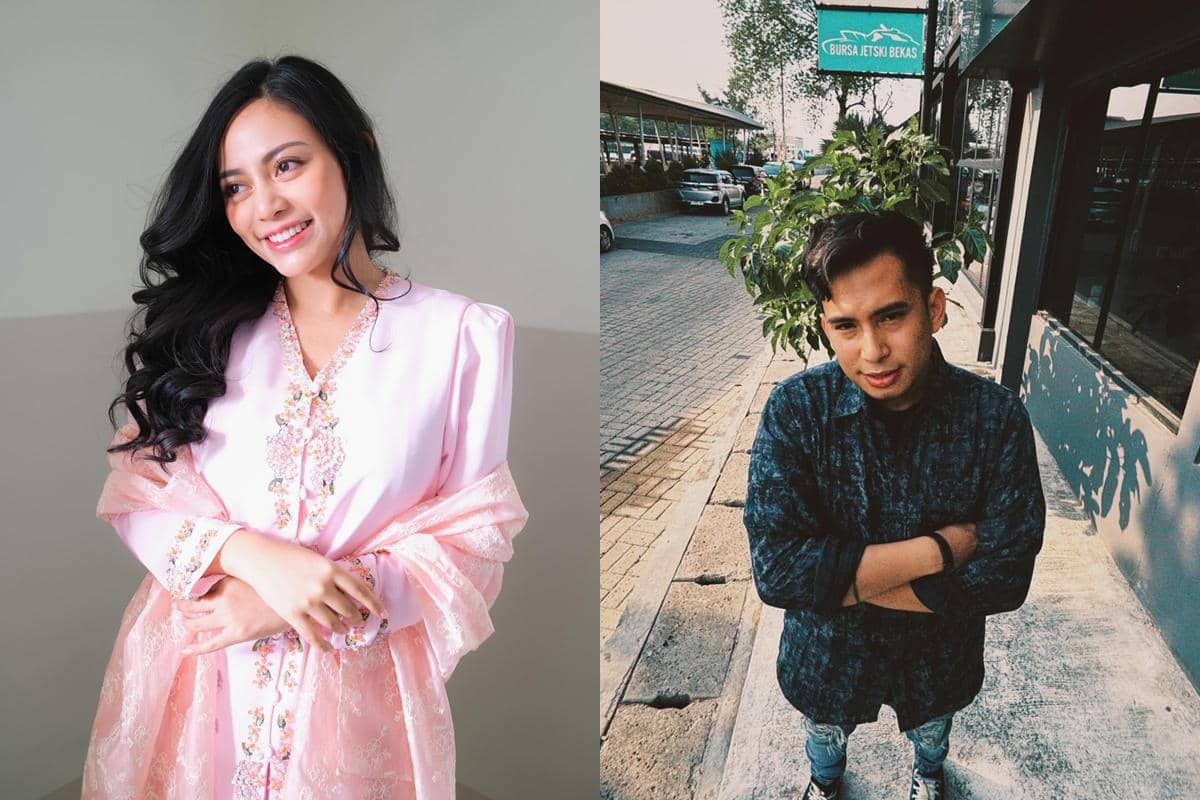 Seorang wanita mengenakan kebaya berwarna pink lembut tersenyum di dalam ruangan, dan seorang pria berdiri di trotoar dengan tangan terlipat.