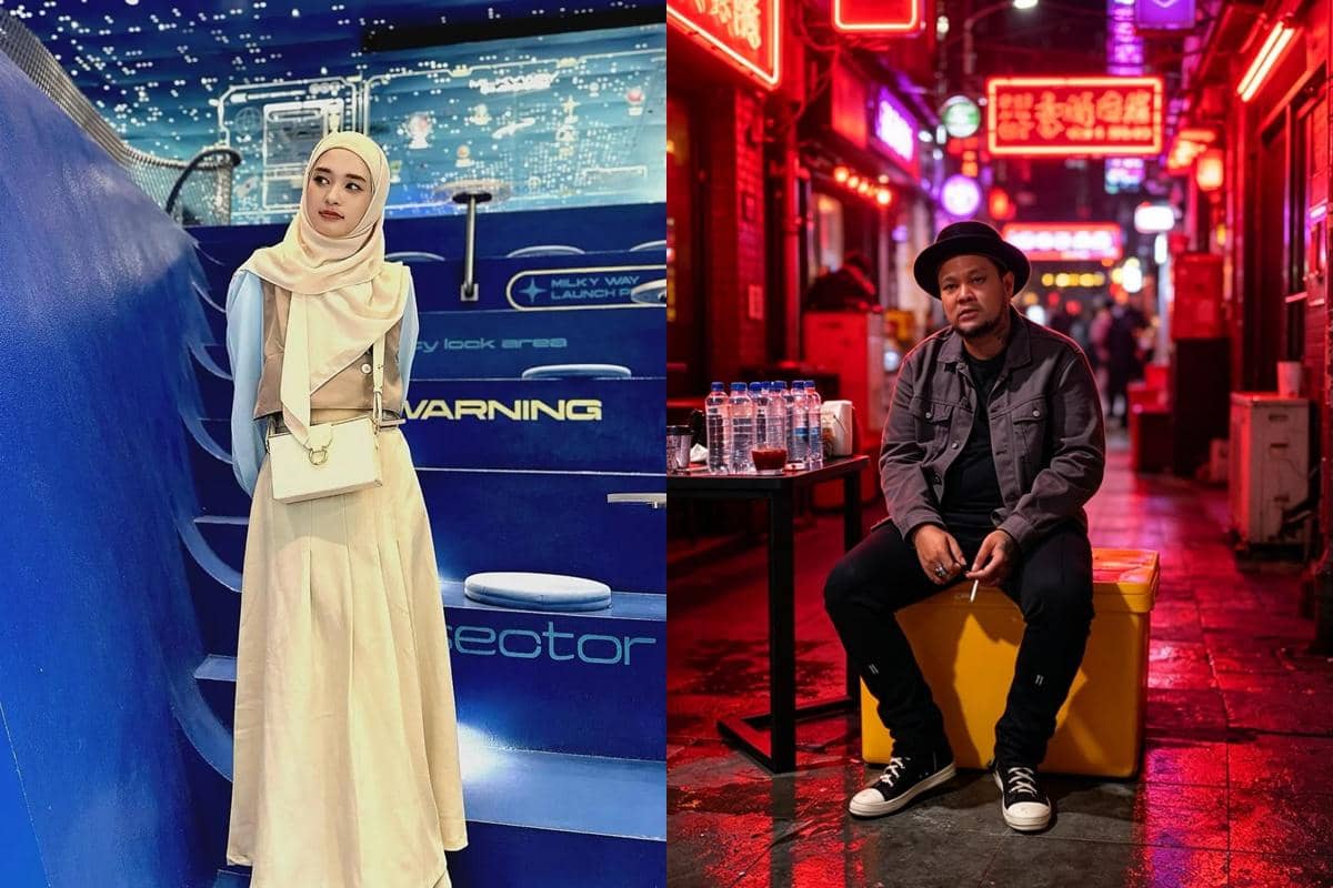 Seorang wanita berhijab berpose di area bertema luar angkasa dan seorang pria duduk di gang dengan lampu neon merah di malam hari.