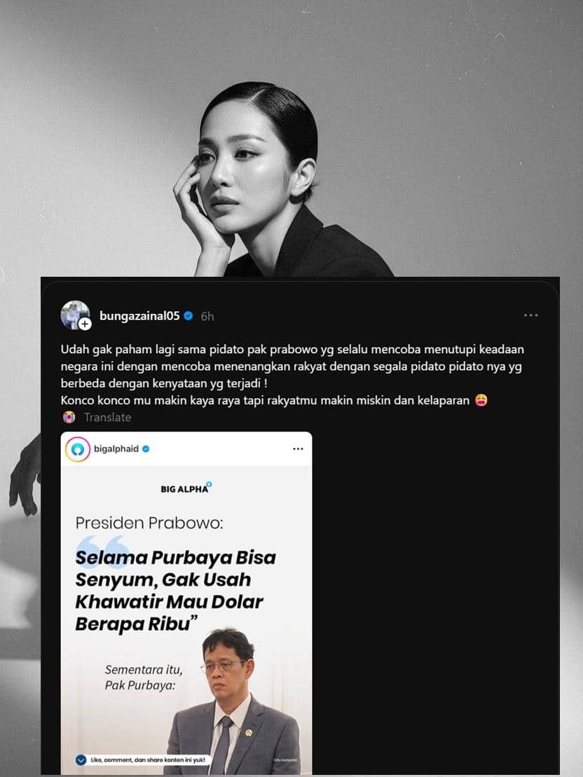 Seorang perempuan berpose dengan ekspresi serius di foto hitam putih, disertai tangkapan layar unggahan media sosial berisi komentar tentang pidato Prabowo dan nilai tukar rupiah.