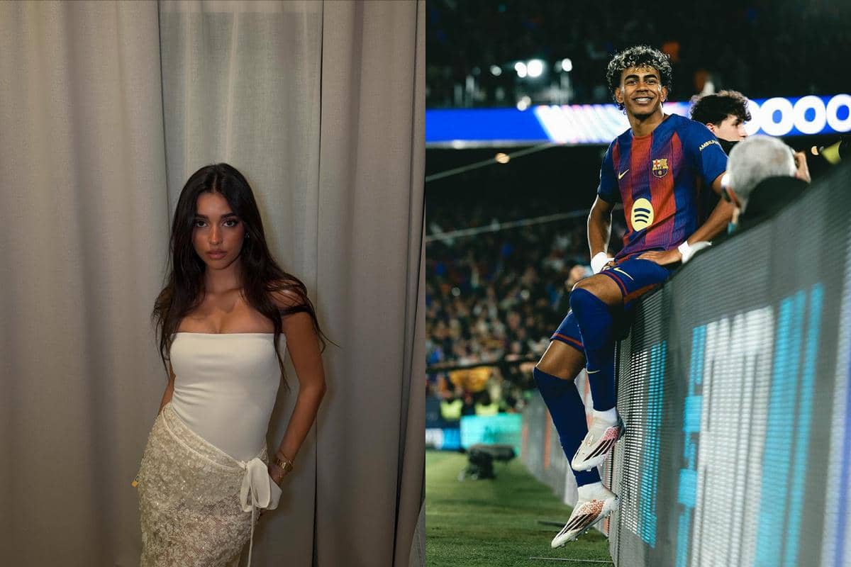 Seorang wanita bergaun putih berpose di depan tirai dan seorang pemain sepak bola berseragam biru-merah tersenyum di stadion.
