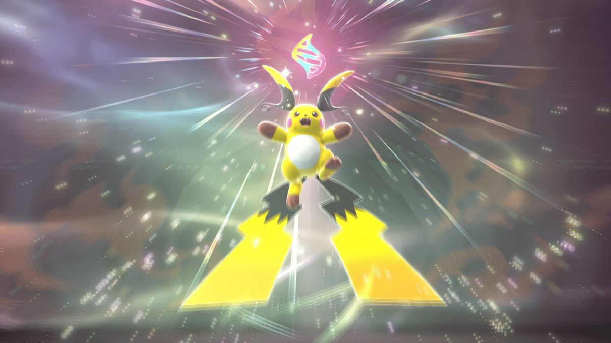 Pikachu dengan efek cahaya listrik berwarna cerah di latar belakang, menampilkan suasana penuh energi dan kekuatan.