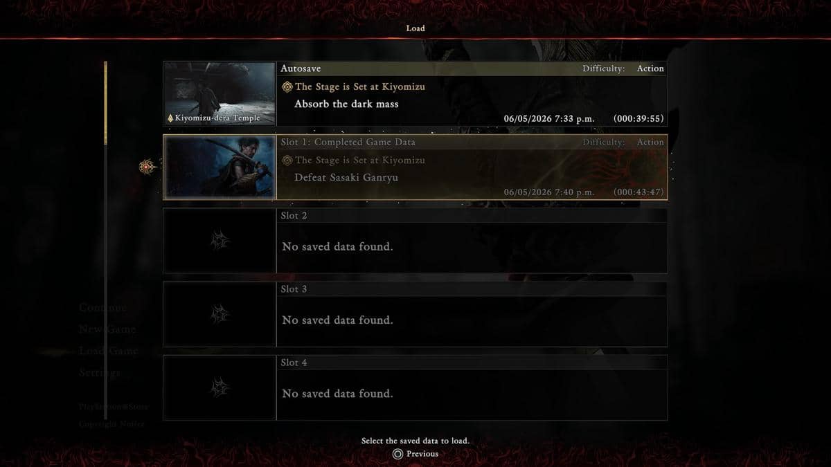 Tampilan menu load game Onimusha: Way of the Sword menampilkan slot penyimpanan dengan misi di Kiyomizu-dera Temple.