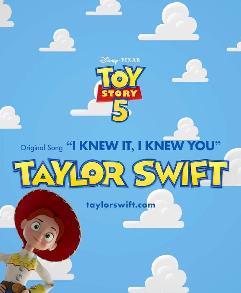 Poster film animasi Toy Story 5 dengan latar langit biru dan awan putih, menampilkan karakter Jessie serta teks lagu orisinal oleh Taylor Swift.