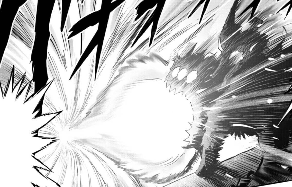 Rover menembakkan energi besar untuk menahan serangan Mirror dalam adegan pertarungan intens dari manga One Punch Man.