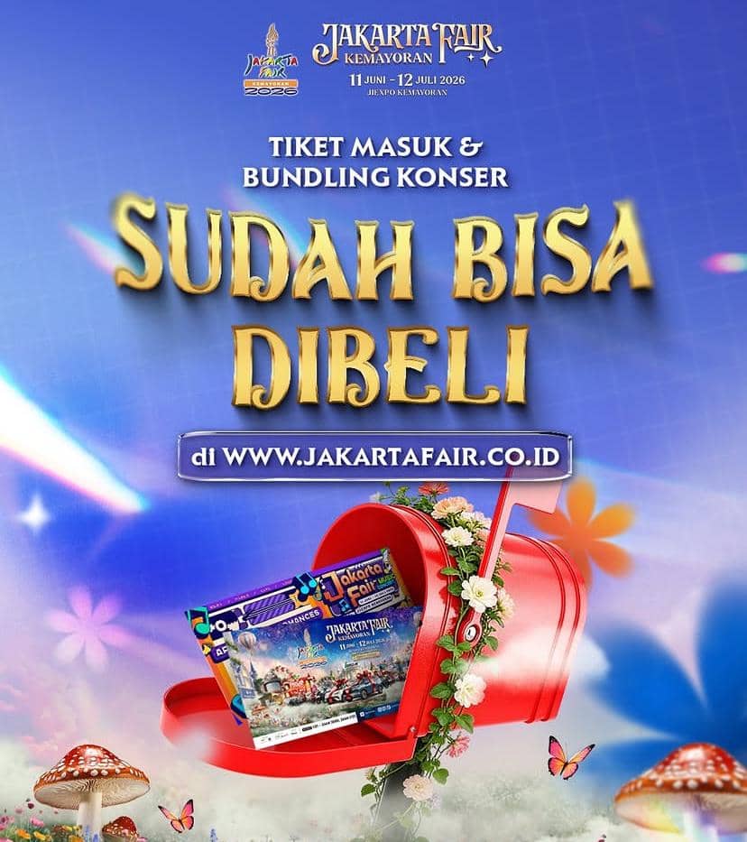 Poster promosi Jakarta Fair Kemayoran 2026 dengan informasi tiket masuk dan bundling konser yang sudah bisa dibeli secara online.