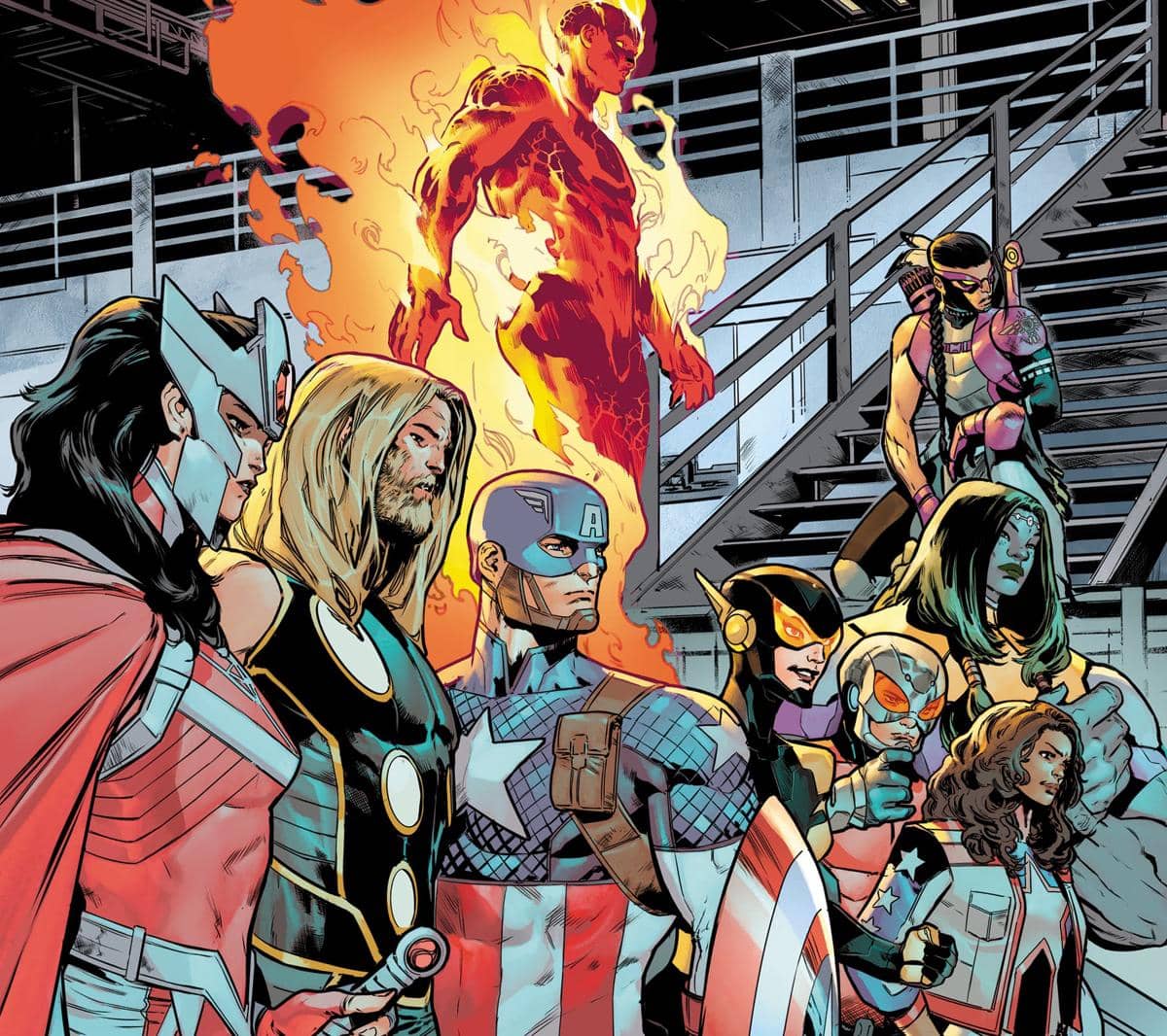 Ilustrasi tim superhero The Ultimates dari Marvel Comics dengan berbagai karakter ikonik berdiri bersama di dalam markas futuristik.