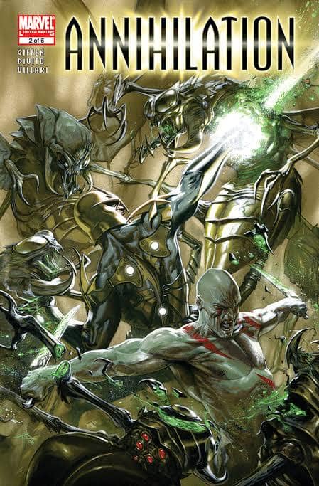 Sampul komik Annihilation dari Marvel Comics menampilkan karakter berotot bertarung melawan makhluk alien bersenjata dalam latar berwarna emas.