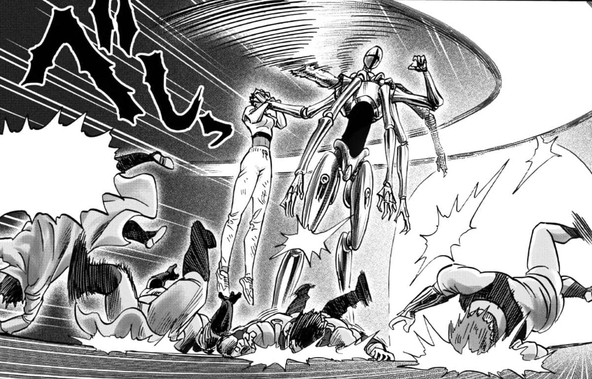 Pertarungan intens antara karakter humanoid dan robot di manga One Punch Man, dengan beberapa pahlawan terhempas akibat serangan kuat.