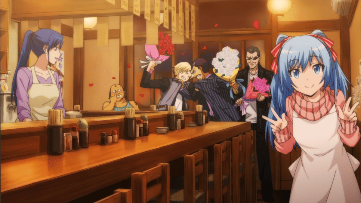 Beberapa karakter anime berada di dalam restoran bergaya Jepang, salah satunya berpose dengan tanda damai sementara lainnya membawa buket bunga.