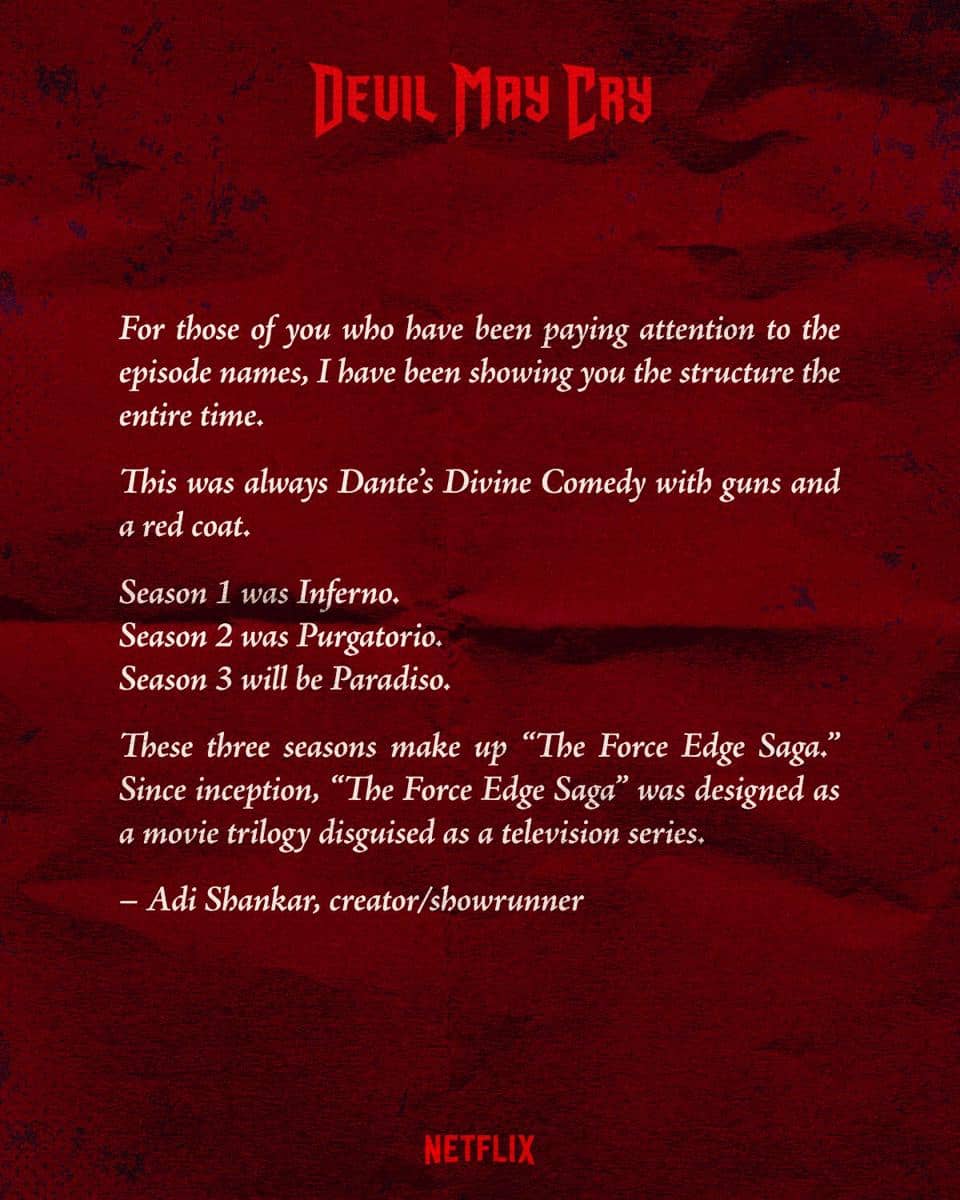 Surat dari Adi Shankar kepada penggemar serial Devil May Cry di Netflix dengan latar merah dan teks putih bergaya gotik.