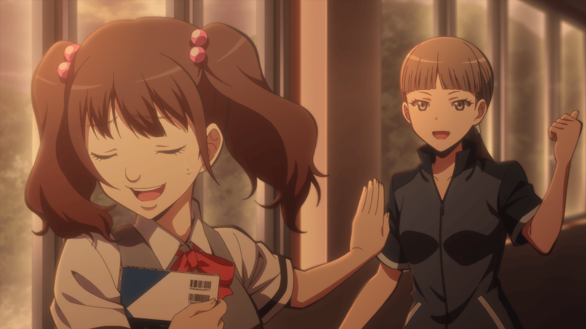 Dua karakter anime sedang berbincang di koridor sekolah saat matahari terbenam, salah satunya mengenakan seragam dengan pita merah.