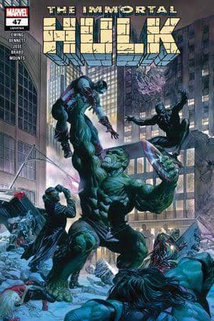 Sampul komik The Immortal Hulk menampilkan Hulk berwarna hijau bertarung melawan beberapa musuh di tengah kota yang hancur.