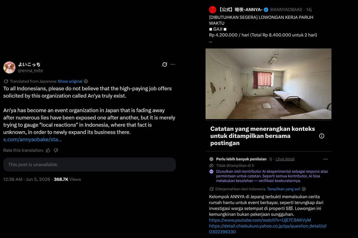 Tangkapan layar unggahan media sosial yang memperingatkan warga Indonesia tentang lowongan kerja mencurigakan dari organisasi AnnyaObake disertai foto kamar kosong dengan dua tempat tidur besi.