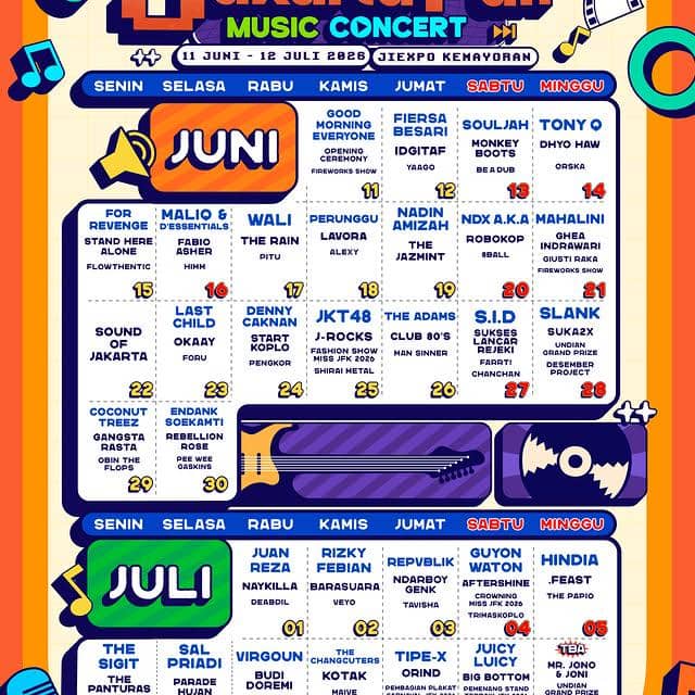 Poster jadwal konser musik Jakarta Fair 2026 di JIExpo Kemayoran menampilkan daftar artis dan tanggal penampilan bulan Juni hingga Juli.