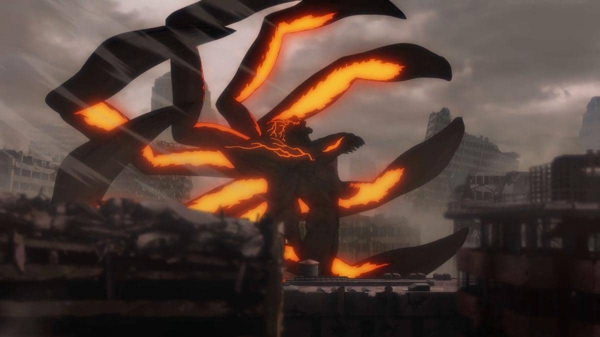 Makhluk raksasa dengan sayap bercahaya oranye muncul di tengah kota yang hancur dalam adegan Devil May Cry Season 2.