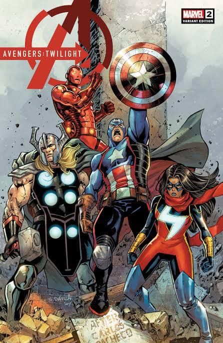 Ilustrasi sampul komik Avengers: Twilight menampilkan empat pahlawan super Marvel dengan latar reruntuhan dan logo Avengers besar.