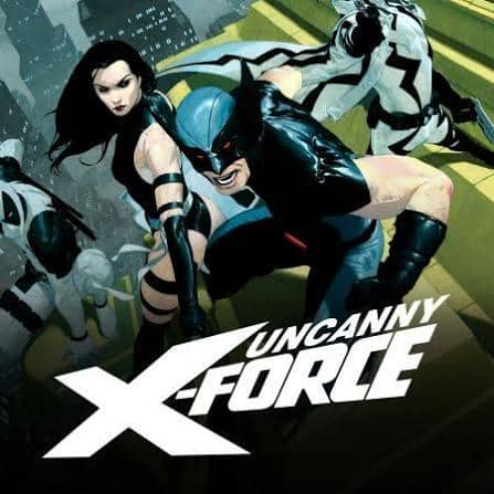 Ilustrasi tim superhero Uncanny X-Force dari Marvel Comics dengan anggota mengenakan kostum hitam dan putih di latar kota futuristik.