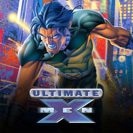 Ilustrasi karakter komik dari seri Ultimate X-Men dengan latar kota berwarna cerah dan logo besar bertuliskan Ultimate X-Men di bawahnya.