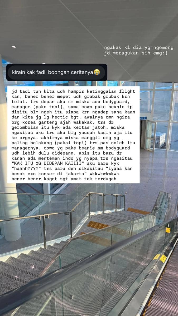 Tangkapan layar unggahan Instagram berisi cerita lucu Dilla Jaidi tentang hampir ketinggalan penerbangan dengan latar eskalator bandara.