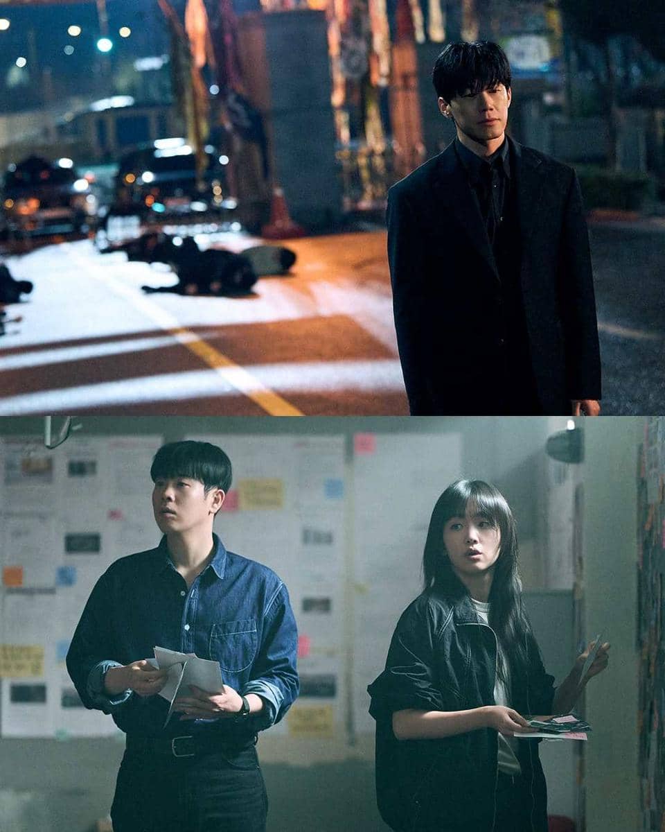 Adegan drama Teach You A Lesson menampilkan seorang pria di jalan malam dan dua orang muda sedang menyelidiki di ruangan penuh catatan.