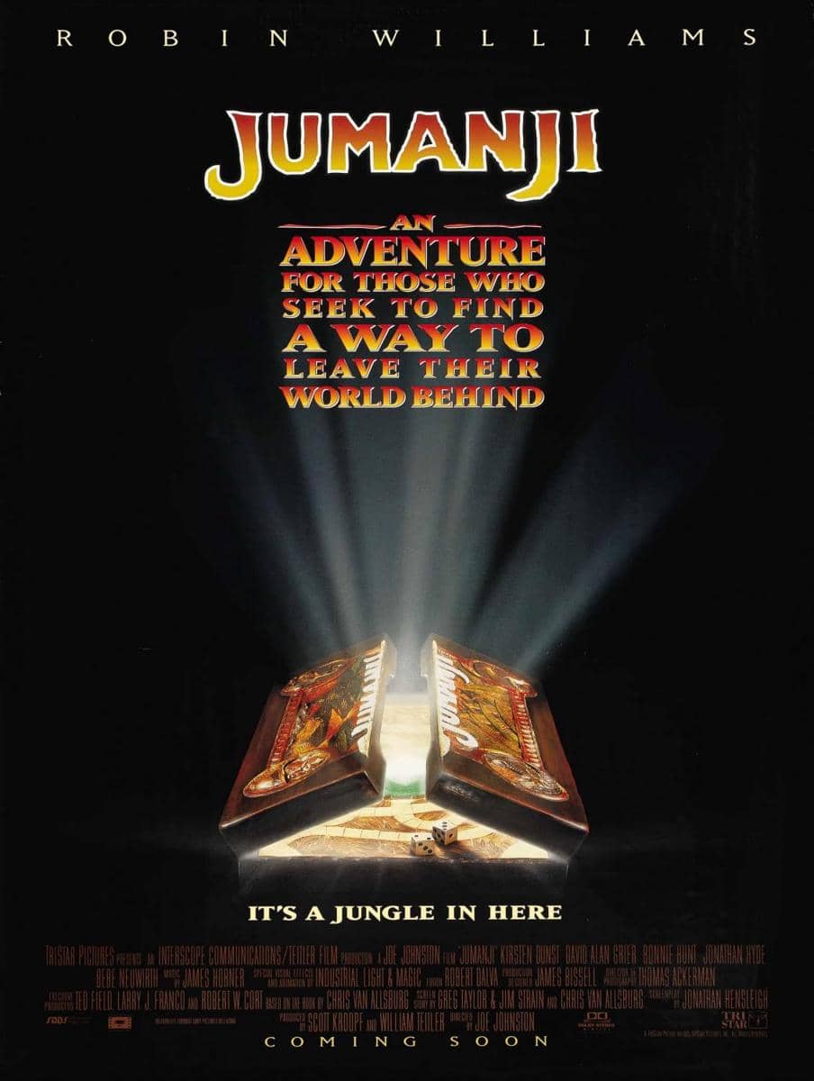 Poster film Jumanji menampilkan papan permainan terbuka yang memancarkan cahaya terang dengan tulisan judul berwarna emas di atasnya.