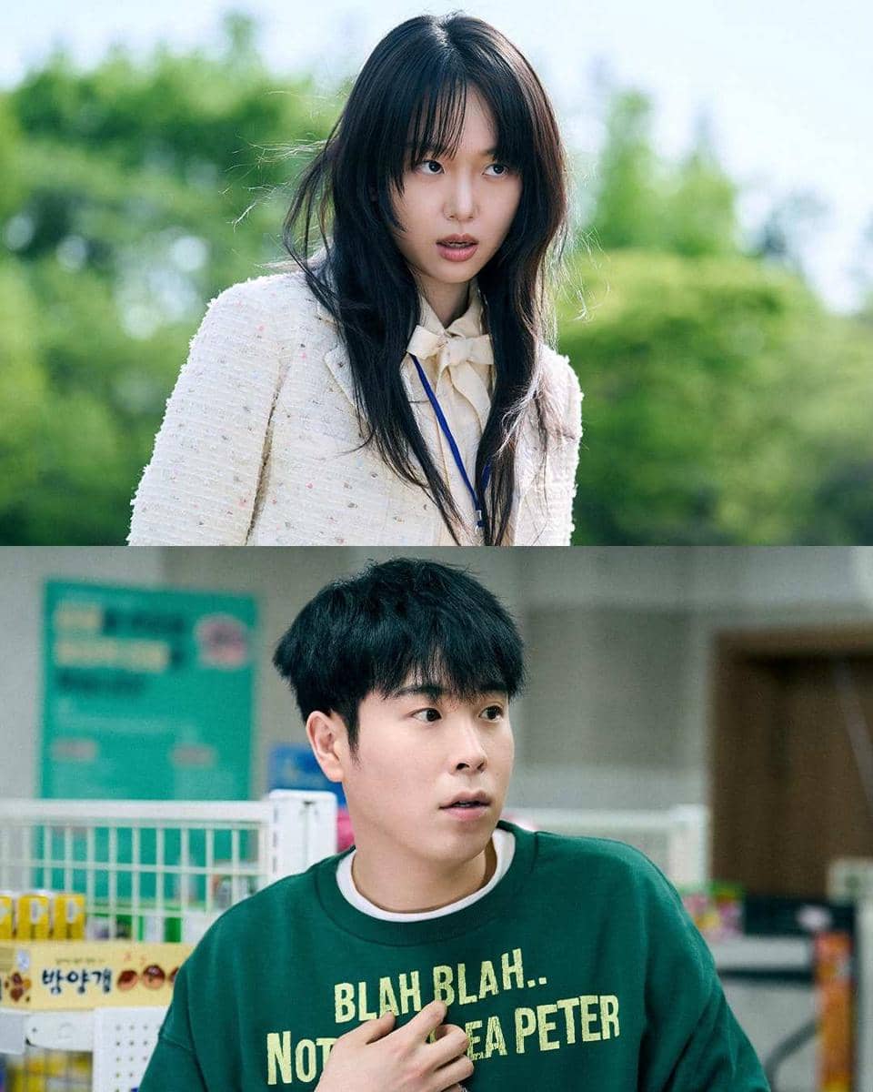 Dua adegan dari drama Korea Teach You A Lesson menampilkan seorang wanita berambut panjang dan seorang pria di dalam toko.
