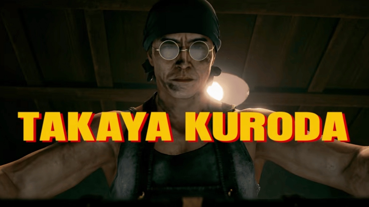 Karakter dalam gim dengan kacamata bundar dan bandana hitam berdiri di bawah cahaya lampu dengan tulisan besar Takaya Kuroda.