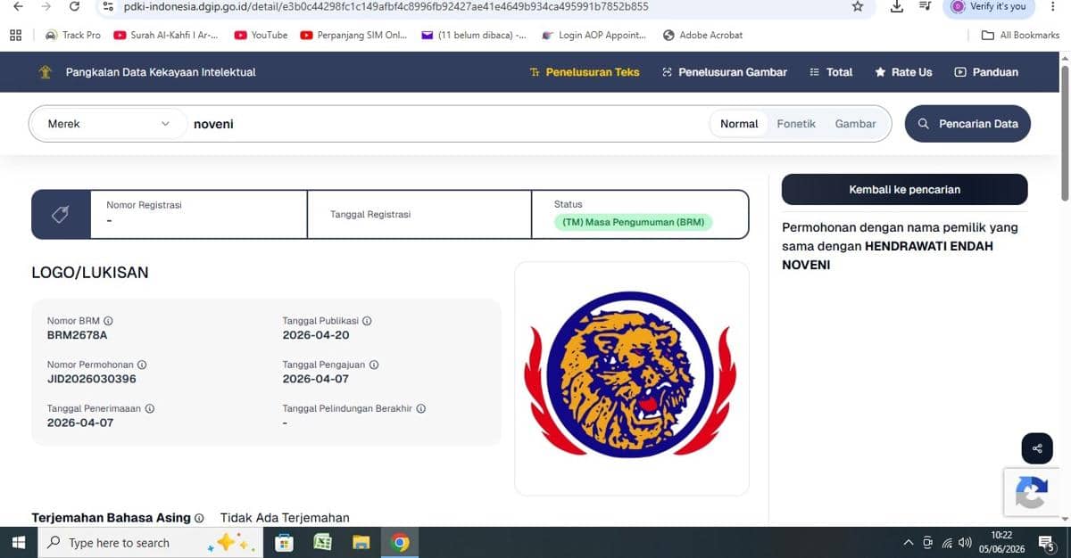 Tangkapan layar halaman situs DJKI menampilkan pengajuan HAKI logo Arema Singa Bertindik oleh Hendrawati Endah Noveni dengan status masa pengumuman.