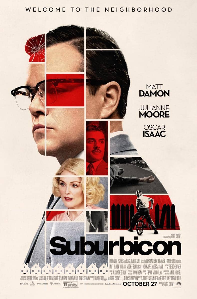 Poster film Suburbicon menampilkan potret pria dengan kacamata dan elemen grafis merah, serta wajah wanita berambut pirang di bawahnya.
