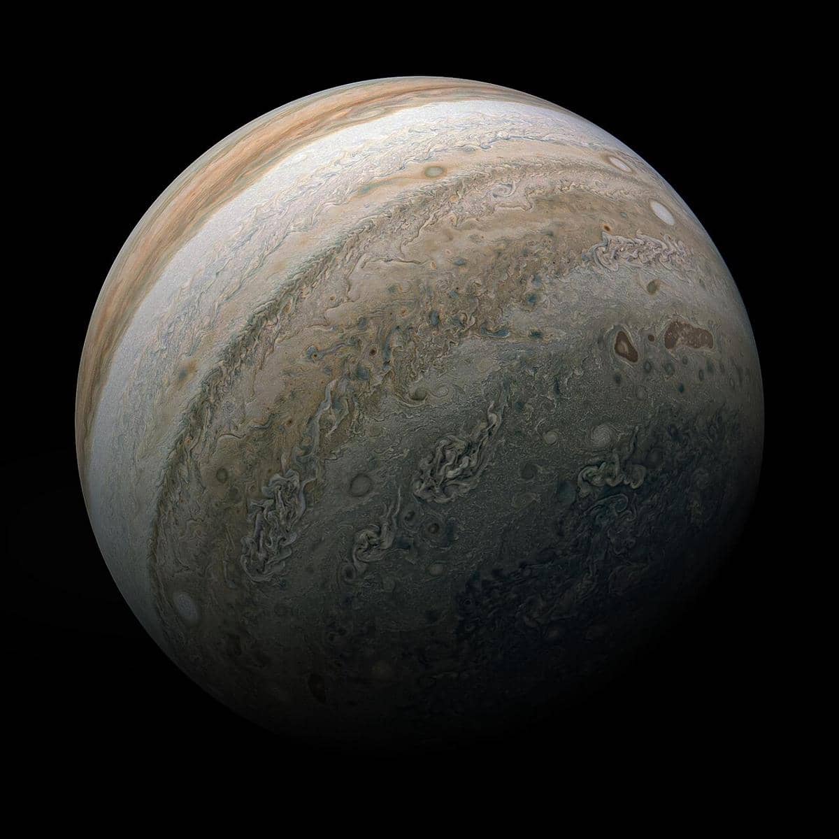 Misi Juno NASA mengabadikan pemandangan belahan planet Jupiter bagian selatan pada tahun 2020 silam