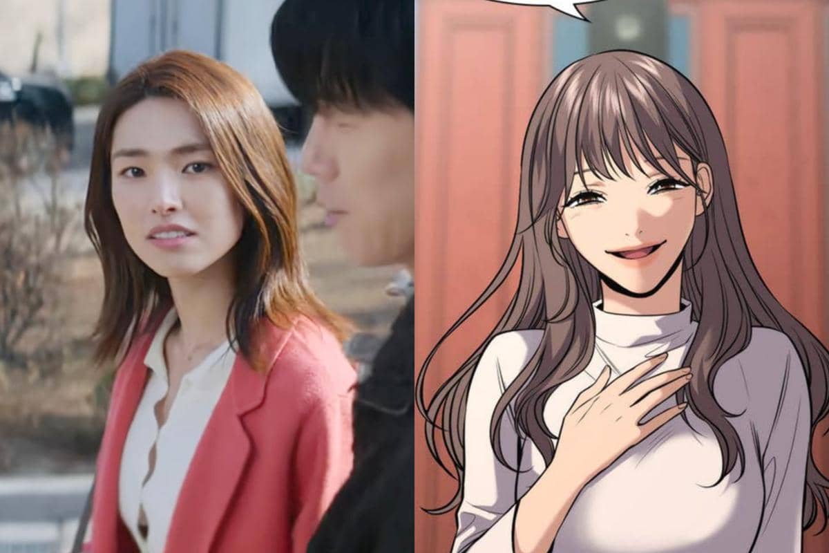 Perbandingan antara adegan drama Korea Teach You a Lesson di Netflix dengan karakter webtoon The Real Lesson yang tersenyum hangat.
