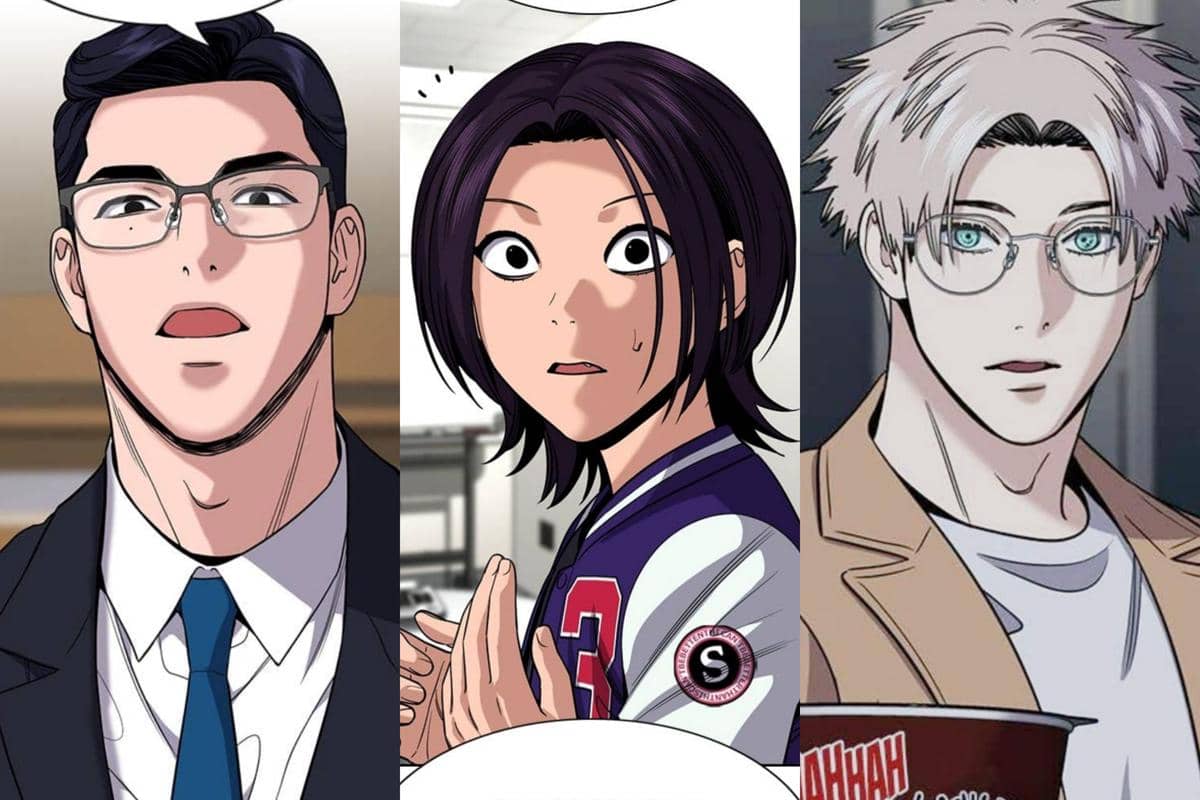 Tiga karakter utama dari webtoon The Real Lesson dengan ekspresi terkejut, masing-masing mengenakan pakaian berbeda dan latar ruangan yang bervariasi.
