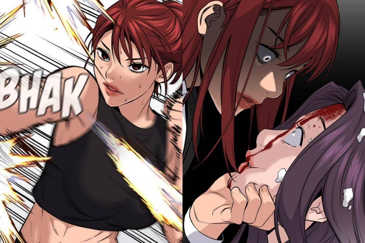 Karakter perempuan berambut merah dalam webtoon Teach You a Lesson sedang bertarung dan menghadapi lawan yang terluka dengan ekspresi tegang.