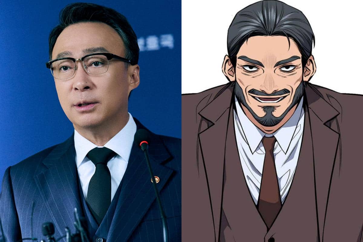 Perbandingan karakter dari drama Korea Teach You a Lesson di Netflix dan versi webtoon The Real Lesson, keduanya mengenakan setelan jas formal.