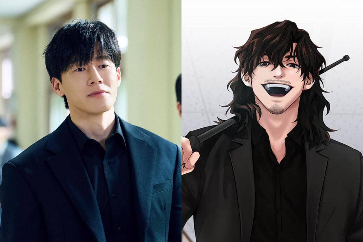 Perbandingan karakter dari drama Korea Teach You a Lesson dan versi webtoon The Real Lesson, keduanya mengenakan setelan hitam.