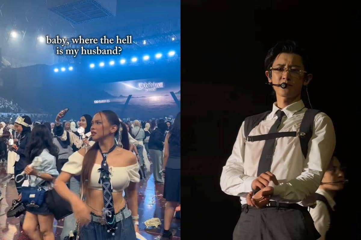 Penonton menikmati konser EXO PLANET #6 - EXhOrizon Day 1 di Jakarta, dengan suasana panggung megah dan pencahayaan biru yang meriah.